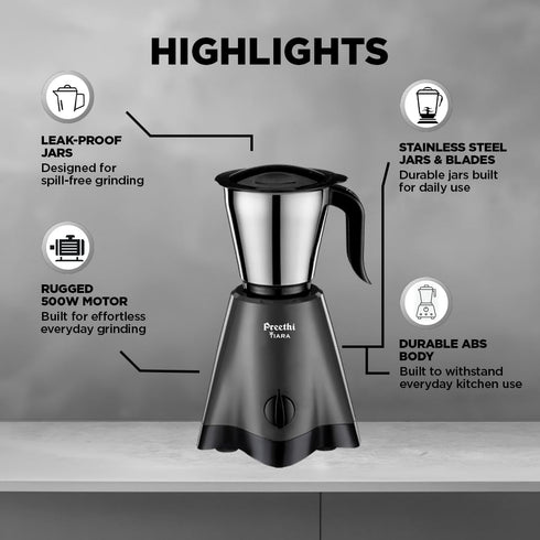 Preethi Tiara 500 Watts Mixer Grinder, 3 Jars (Stainless Steel), Black