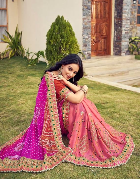 Vasthrlay Bandhani Embroidery Unstitched Red Saree