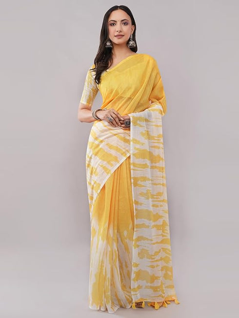 Vasthrlay Yellow Linen Floral | Striped | Check Design Printed Saree With Solid Unstitched Linen Blouse Piece