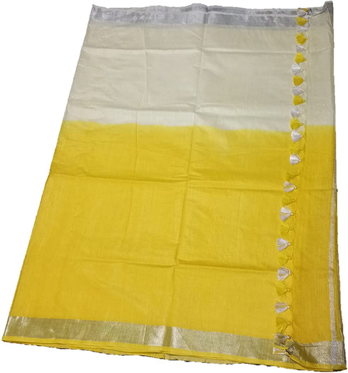 Vasthrlay Handloom Bhagalpuri Two Dye Attached Yellow Cream White