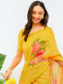 Vasthrlay Yellow1 Daisy Floral Prints Linen Saree With Zari Border And Unstitched Blouse Piece
