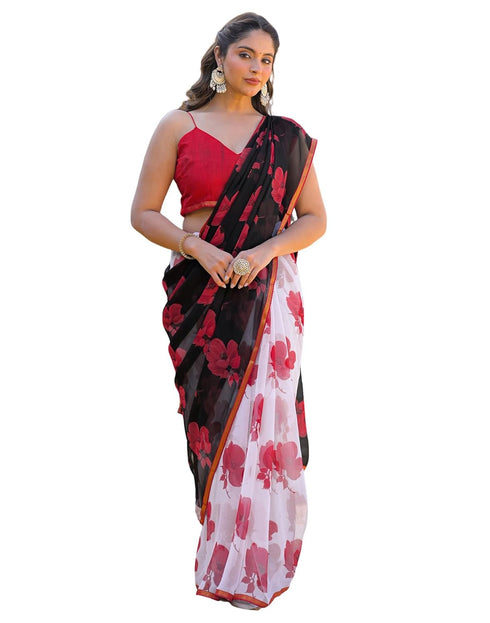 Vasthrlay Chiffon Tassels Unstitched Dark Green Saree