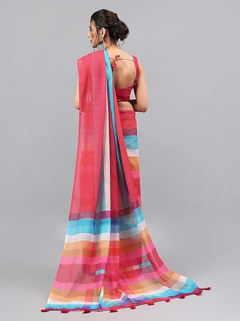 Vasthrlay Multi Red Printed Striped Linen Saree With Solid Linen Unstitched Blouse Piece For Women