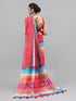Vasthrlay Multi Red Printed Striped Linen Saree With Solid Linen Unstitched Blouse Piece For Women