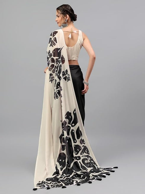 Vasthrlay Off White2 Floral Printed Georgette Saree With White Solid Georgette Unstitched Blouse