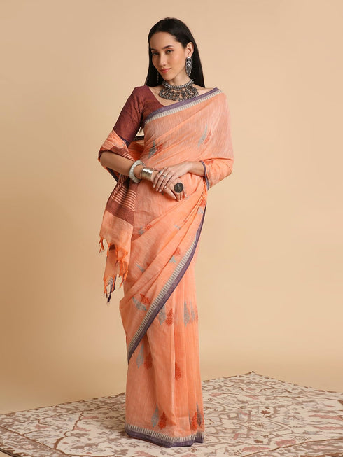 Vasthrlay Handloom Embroidered Apricot Saree