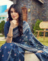 Vasthrlay Womens Printed Teal Blue Saree With Unstitched Blouse Piece