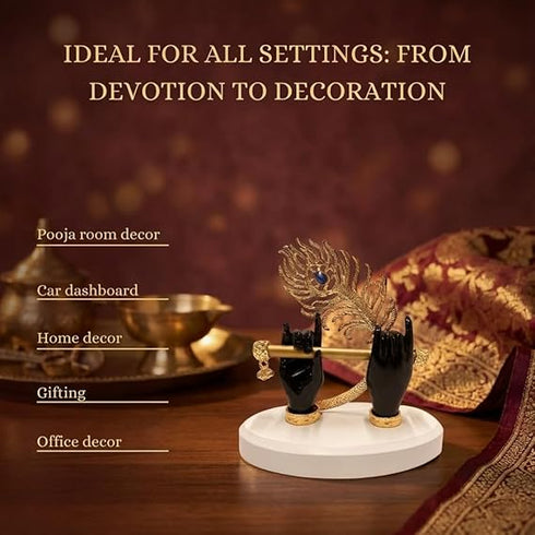 Gold Plated Melodic Krishna Hands Statue with Flute & Peacock Feather