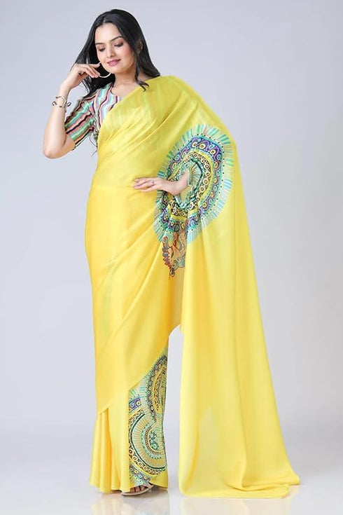 Vasthrlay Printed Kaftan Freehand Saree Yellow Soft Satin Saree