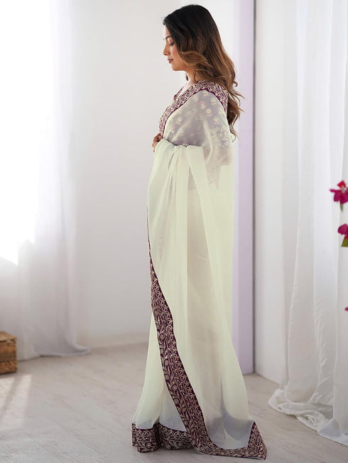 Vasthrlay Shimmer Embroidery Unstitched Off White Saree