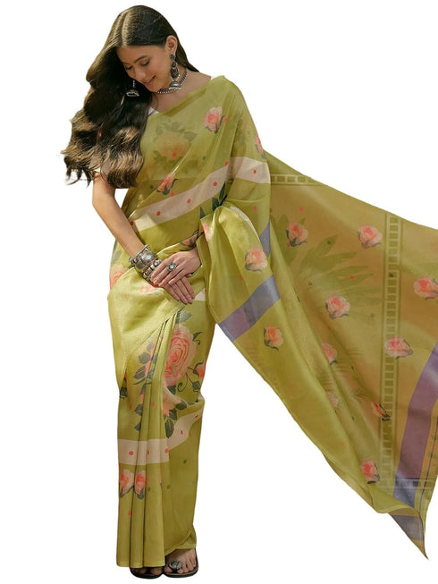 Vasthrlay Shimmer Printed Unstitched Lime Green Saree