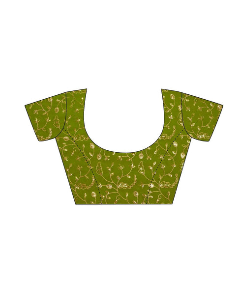 Vasthrlay Georgette Embroidery Olive Green Saree With Unstitched Blouse Piece