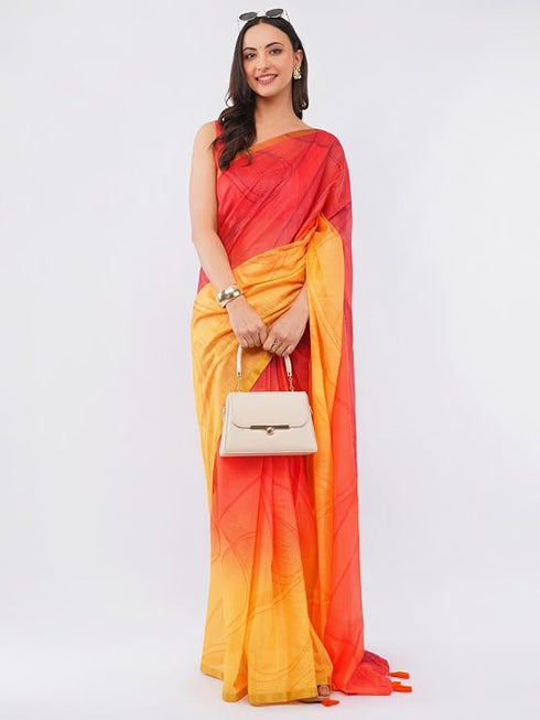 Vasthrlay Women'S Red Yellow Chevron Printed Linen Saree
