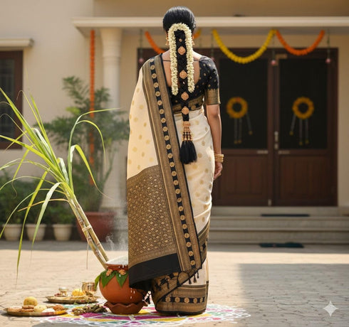 Vasthrlay Charcoal Banarasi Geometric Unstitched