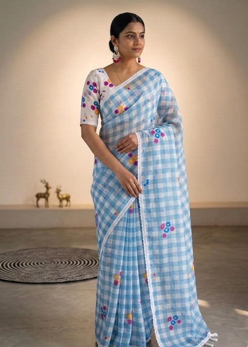 Vasthrlay Checks Floral Tassel Lightweight