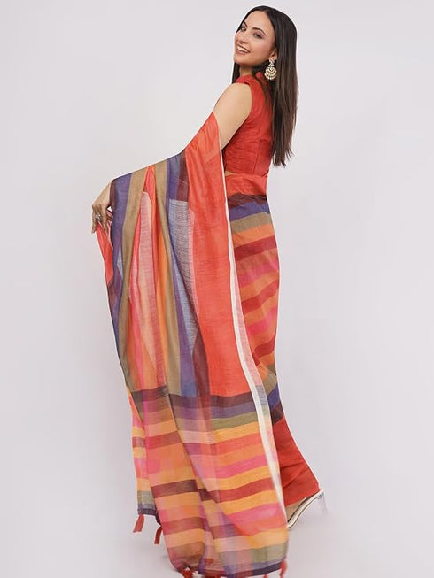 Vasthrlay Multicolour Womens Kathakali Print Linen Saree With Gold Zari Border And Unstitched Blouse Piece