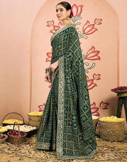 Vasthrlay Georgette Embroidery Unstitched Dark Green Saree