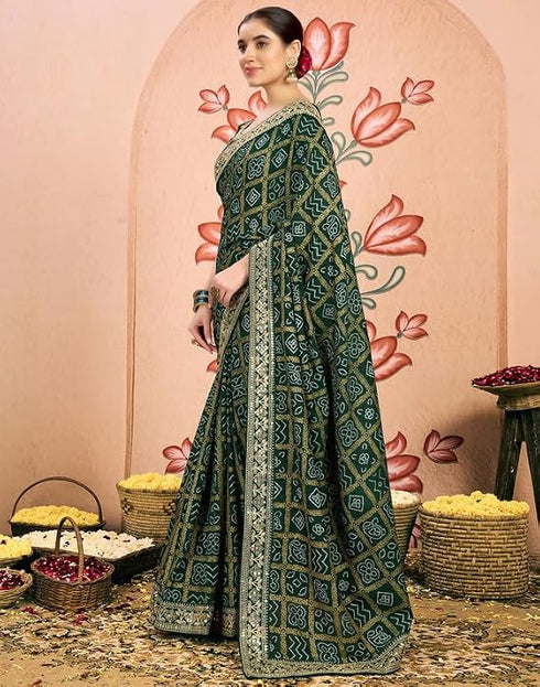 Vasthrlay Georgette Embroidery Green1 Saree With Unstitched Blouse Piece