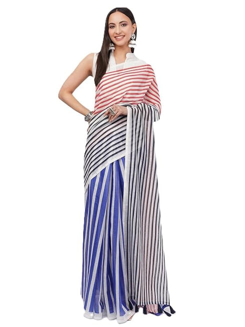 Vasthrlay Multicolour Printed Linen Saree With Unstitched Blouse Piece