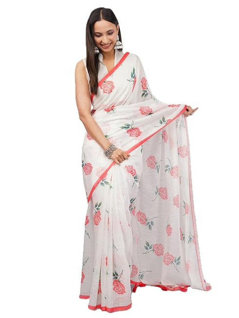 Vasthrlay White Striped | Floral | Solid Print Design Linen Saree With Solid Unstitched Linen Blouse Piece