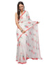 Vasthrlay White Striped | Floral | Solid Print Design Linen Saree With Solid Unstitched Linen Blouse Piece