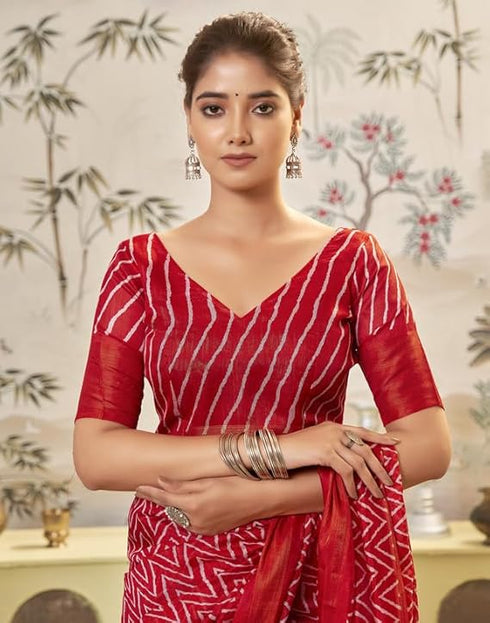 Vasthrlay Geometric Printed Unstitched Red Saree