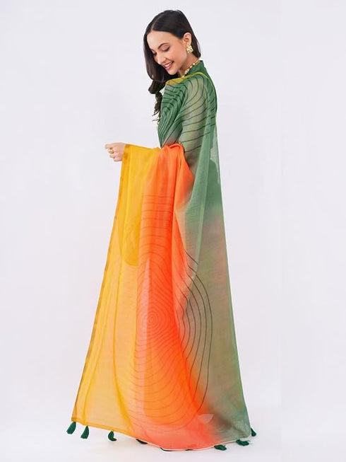 Vasthrlay Womens Yellow 2 Daisy Floral Prints Linen Saree With Zari Border And Unstitched Blouse Piece