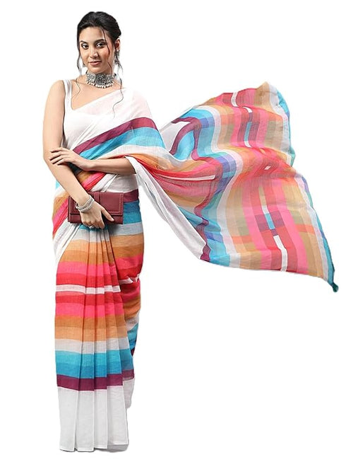 Vasthrlay White Printed Striped Linen Saree With Solid Linen Unstitched Blouse Piece For Women