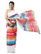 Vasthrlay White Printed Striped Linen Saree With Solid Linen Unstitched Blouse Piece For Women