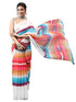 Vasthrlay White Printed Striped Linen Saree With Solid Linen Unstitched Blouse Piece For Women