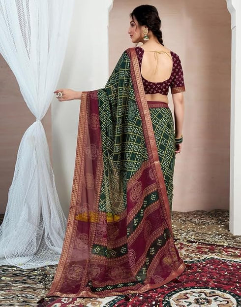 Vasthrlay Chiffon Bandhani Unstitched Yellow Saree