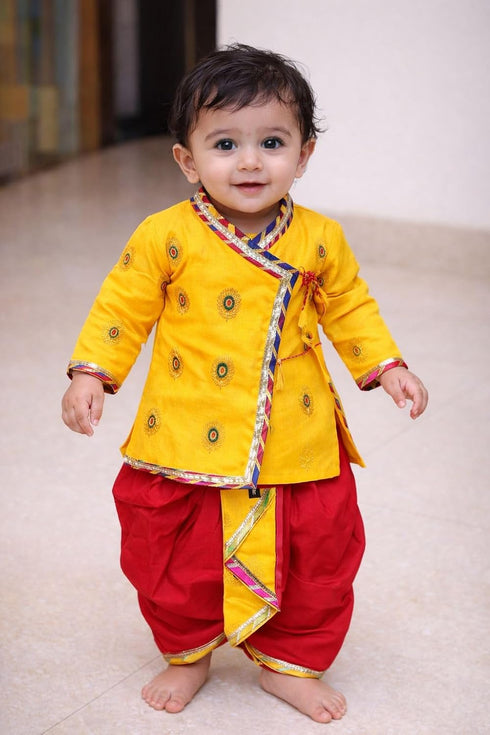 Fancy Zari Print Krishna Dress for Baby Boys, Kurta with Dhoti, Yellow and Red