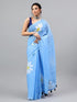 Vasthrlay Blue Linen Floral Printed Saree With Solid Unstitched Linen Blouse Piece
