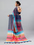 Vasthrlay Multicolor Printed Striped Linen Saree With Solid Linen Unstitched Blouse Piece For Women