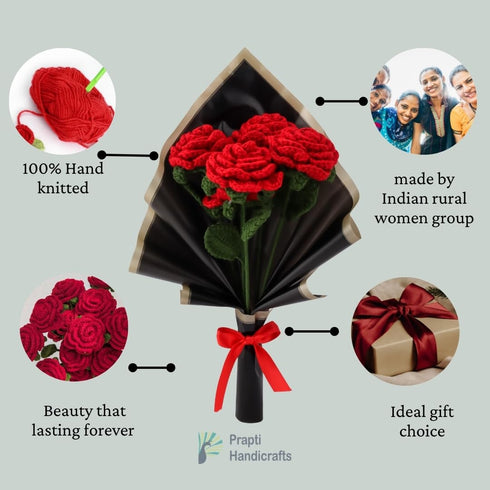 Handicrafts Handmade Crochet Red Roses Bouquet