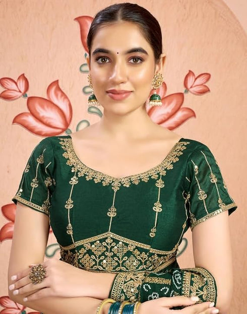 Vasthrlay Georgette Embroidery Unstitched Dark Green Saree