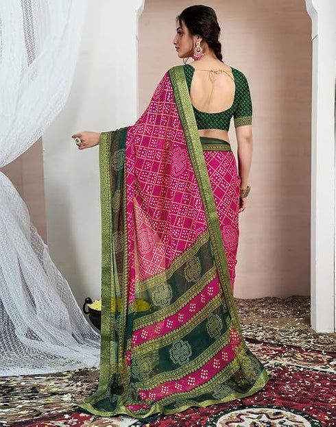 Vasthrlay Chiffon Bandhani Rani Pink & Dark Green Saree With Unstitched Blouse Piece