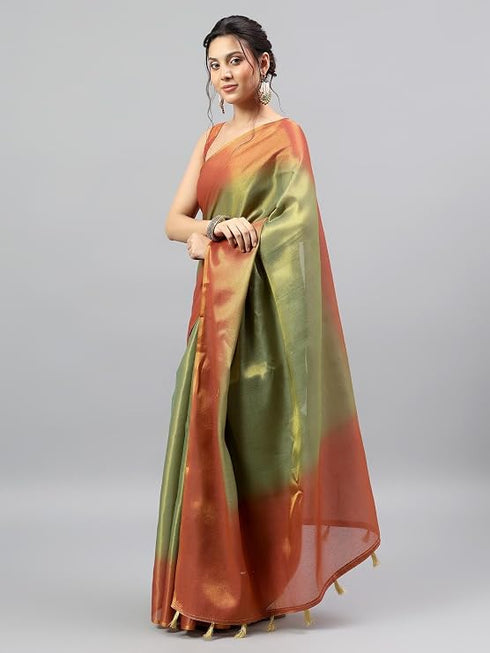 Vasthrlay Green Heavy Zari Woven Silk Ethnic Saree With Red Blouse