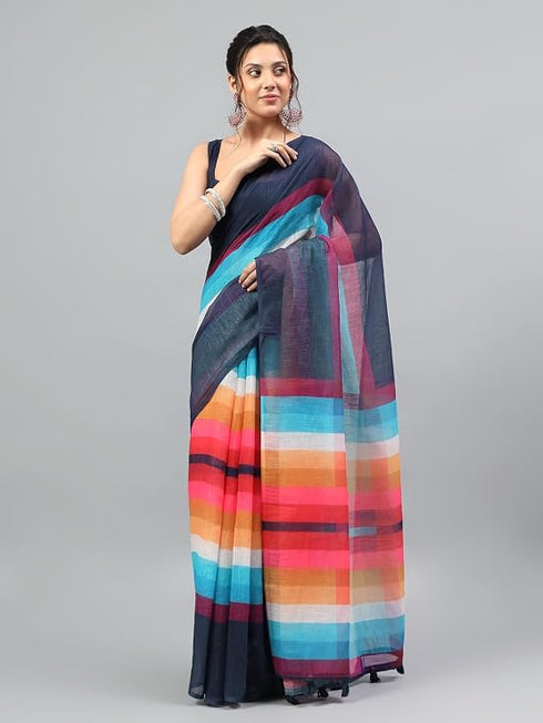 Vasthrlay Multicolor Printed Striped Linen Saree With Solid Linen Unstitched Blouse Piece For Women