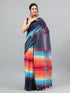 Vasthrlay Multicolor Printed Striped Linen Saree With Solid Linen Unstitched Blouse Piece For Women