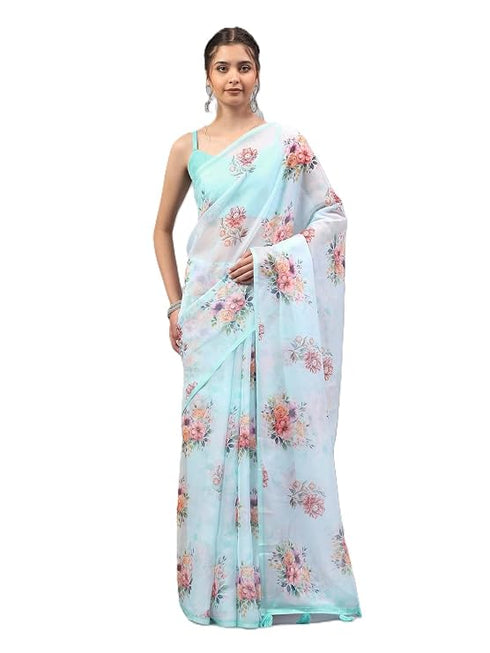 Vasthrlay Blue1 Floral Printed Organza Saree With Unstitched Blouse