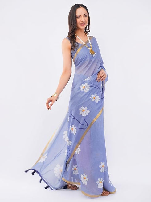 Vasthrlay Violet Womens Violet Lavender Daisy Floral Prints Linen Saree With Zari Border And Unstitched Blouse Piece
