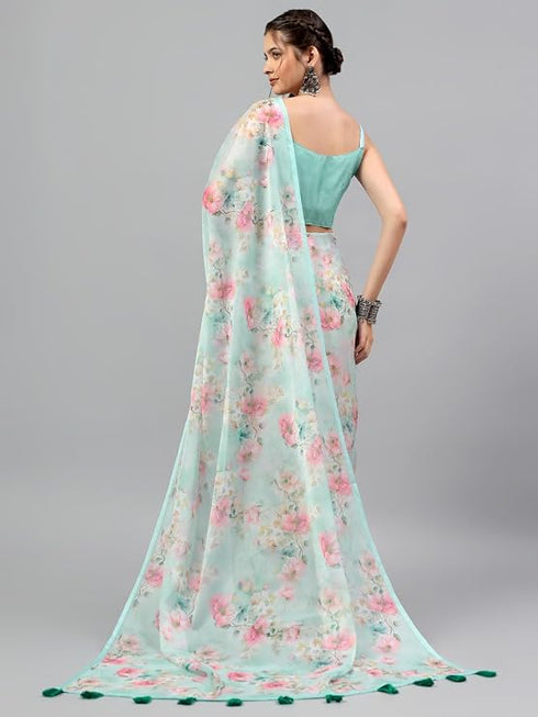 Vasthrlay Blue Sheer Spring Floral Printed Art Chiffon Saree With Unstitched Blouse
