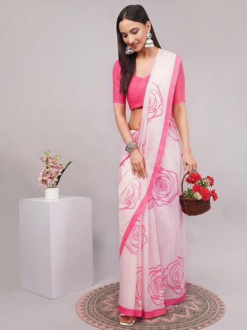 Vasthrlay Pink Womens Printed Linen Saree With Unstitched Blouse Piece