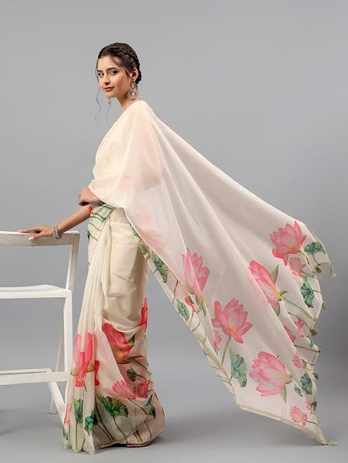 Vasthrlay Peach Floral Printed Organza Saree With Unstitched Blouse