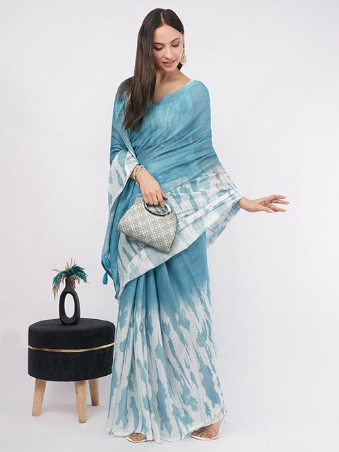 Vasthrlay Sky Blue Linen Floral | Striped | Check Design Printed Saree With Solid Unstitched Linen Blouse Piece