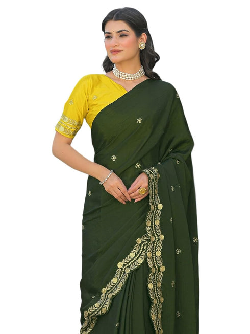 Vasthrlay Chinnon Embroidery Lime Saree