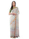 Vasthrlay Womens White Checkered Printed Linen Saree With Green Solid Linen Unstitched Blouse Piece Featuring Multicolor Thin Line Plaid Pattern And Zari Border