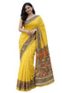 Vasthrlay Kalamkari Printed Yellow Saree with Border Cotton-Linen Blend Traditional Folk Art Motifs