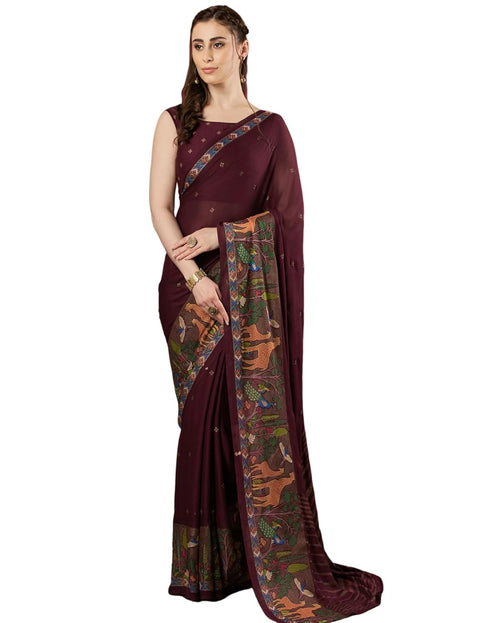 Vasthrlay Georgette Printed Unstitched Rani Pink Saree